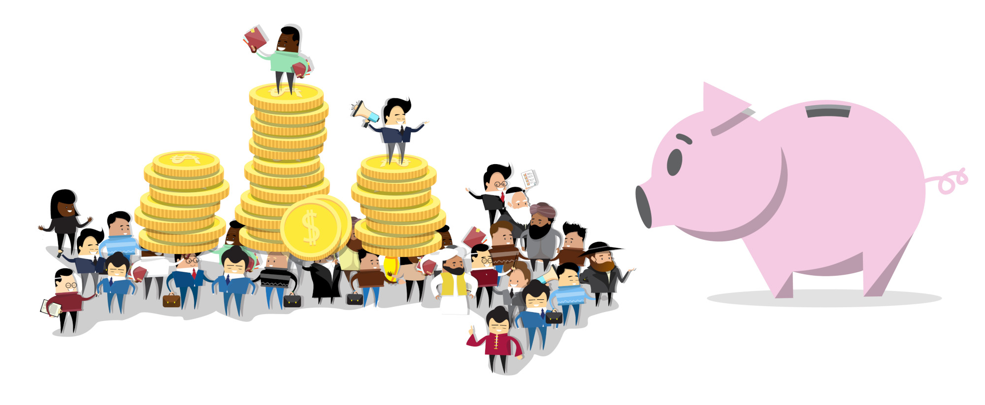 Толпа мультяшных инвесторов несет монеты в громадную свинью-копилку